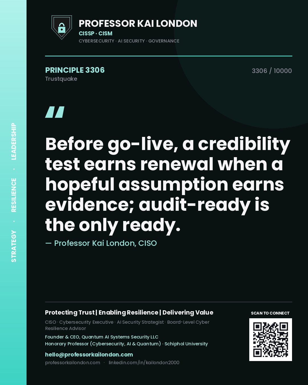 Professor Kai London principle 3306: Before go-live, a credibility test earns renewal when a hopeful assumption earns evidence; audit-ready is the only ready.