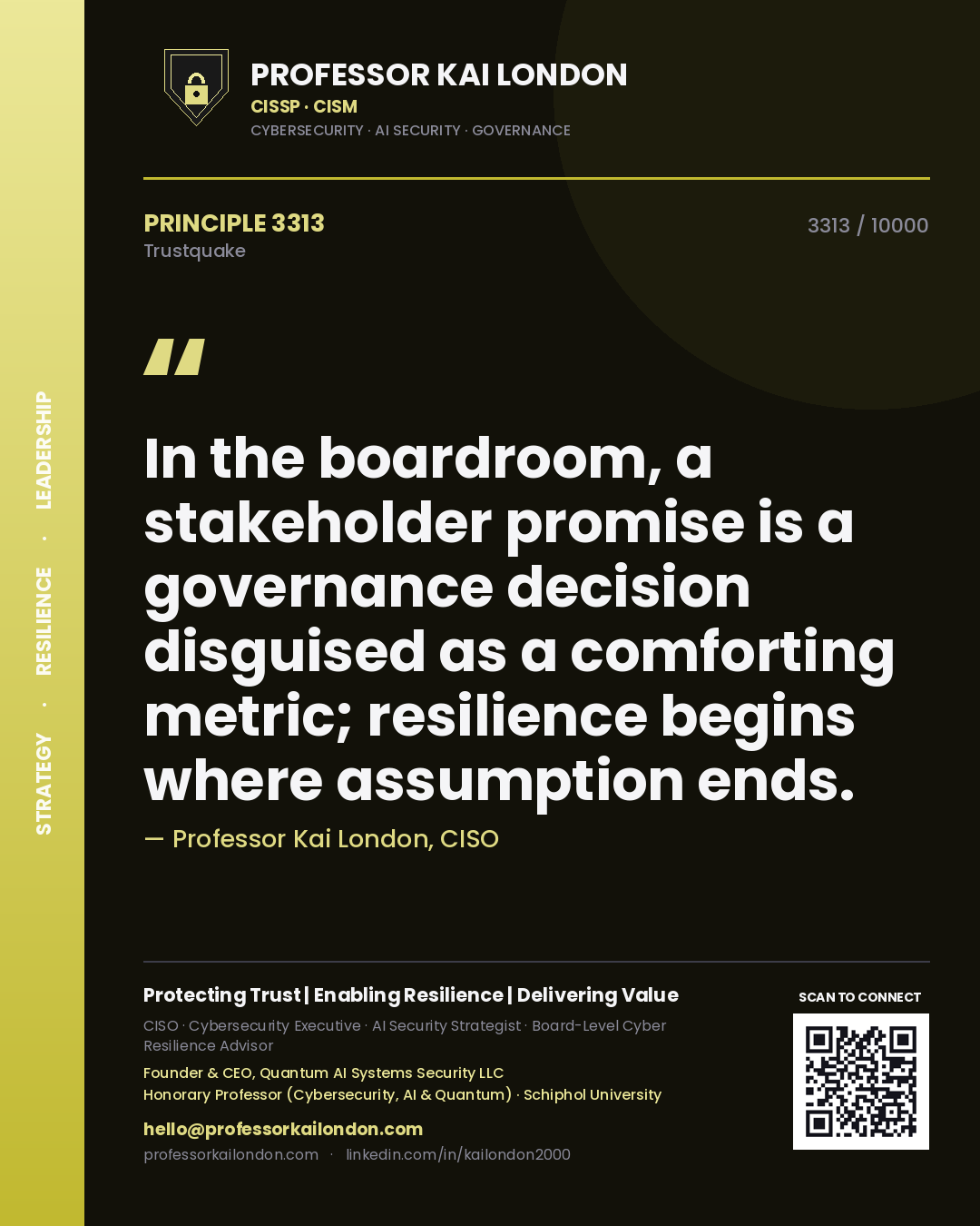Professor Kai London principle 3313: In the boardroom, a stakeholder promise is a governance decision disguised as a comforting metric; resilience begins where assumption ends.