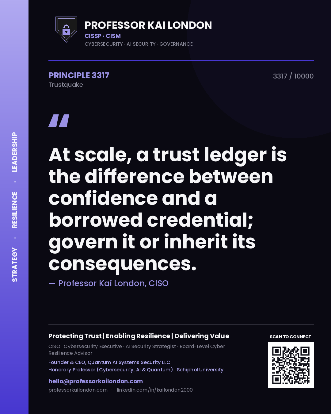 Quote card by Professor Kai London reading 'At scale, a trust ledger is the difference between confidence and a borrowed credential; govern it or inherit its consequences.'. From the book Trustquake.