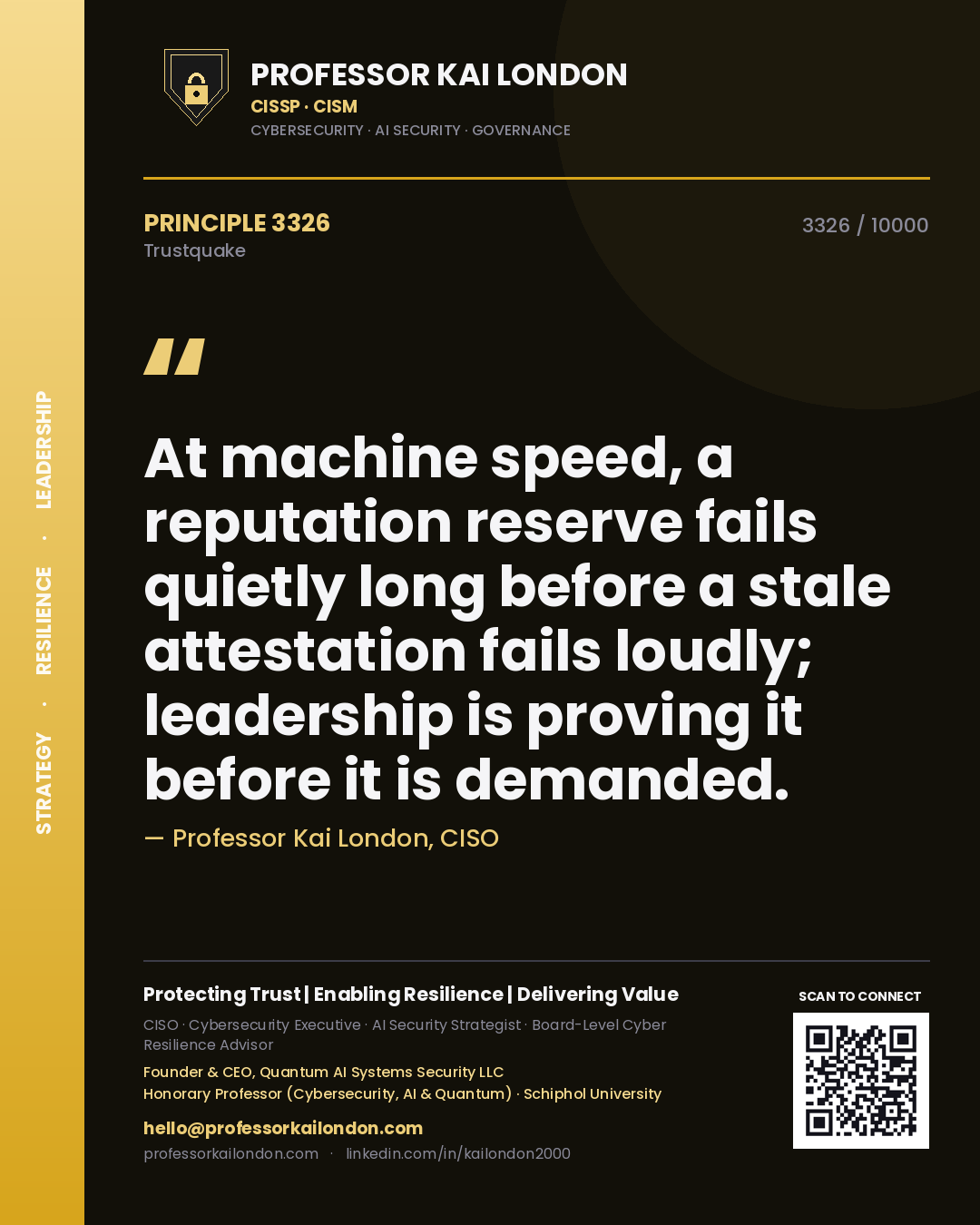 Professor Kai London principle 3326: At machine speed, a reputation reserve fails quietly long before a stale attestation fails loudly; leadership is proving it before it is demanded.
