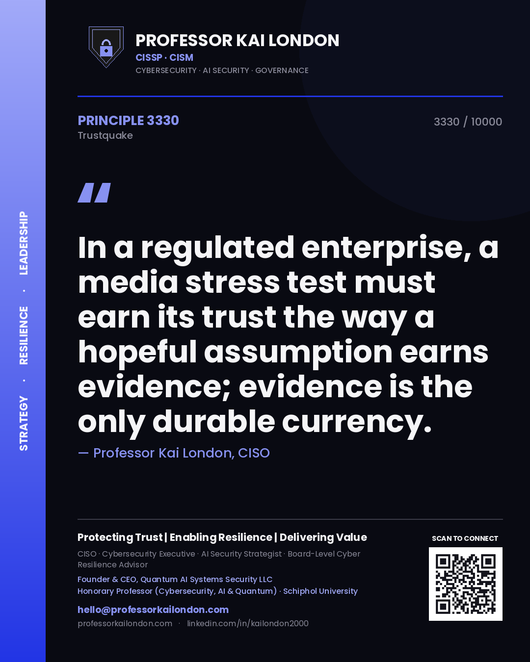 Quote card by Professor Kai London reading 'In a regulated enterprise, a media stress test must earn its trust the way a hopeful assumption earns evidence; evidence is the only durable currency.'. From the book Trustquake.