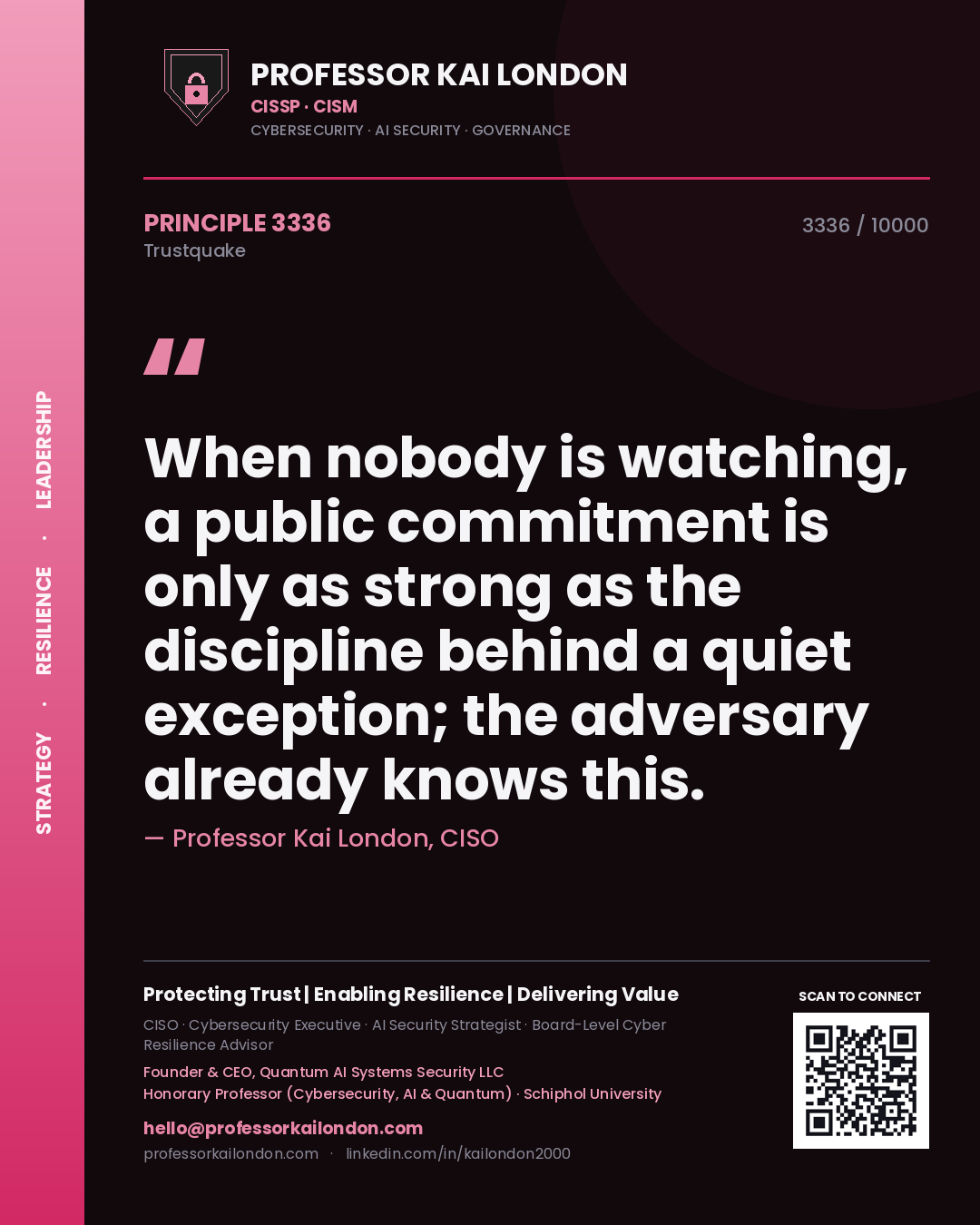 Quote card by Professor Kai London reading 'When nobody is watching, a public commitment is only as strong as the discipline behind a quiet exception; the adversary already knows this.'. From the book Trustquake.