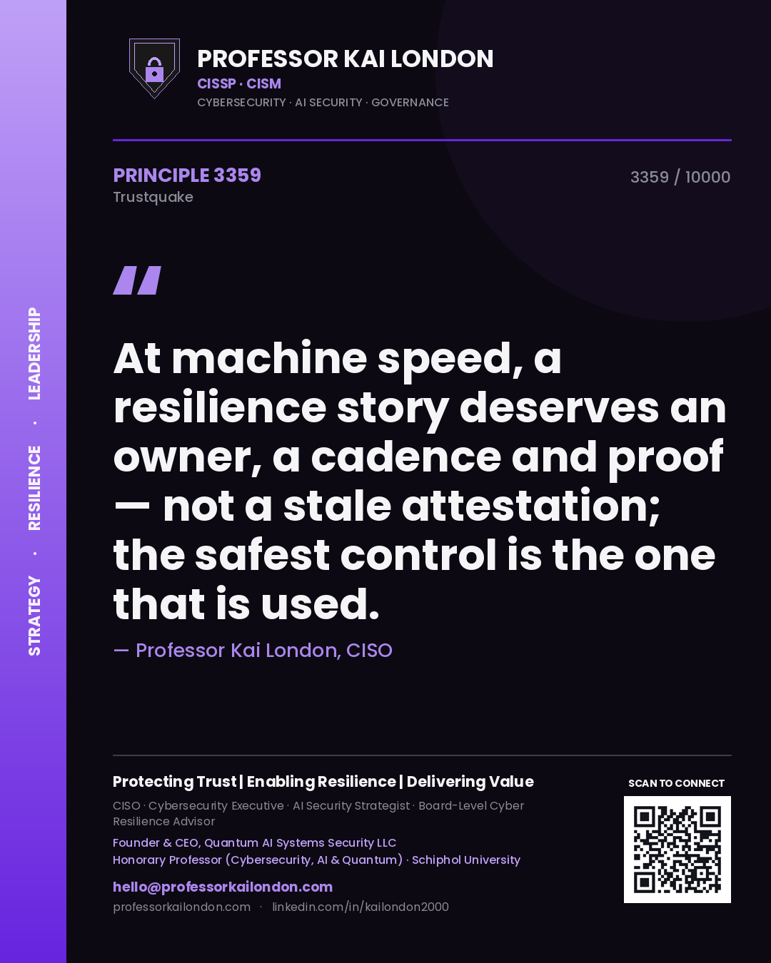 Quote card by Professor Kai London reading 'At machine speed, a resilience story deserves an owner, a cadence and proof — not a stale attestation; the safest control is the one that is used.'. From the book Trustquake.