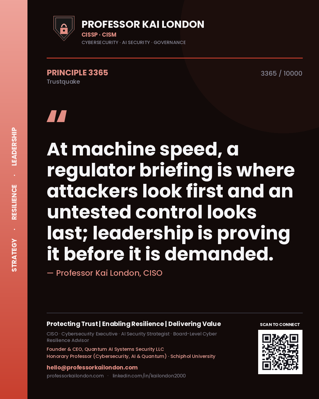 Quote card by Professor Kai London reading 'At machine speed, a regulator briefing is where attackers look first and an untested control looks last; leadership is proving it before it is demanded.'. From the book Trustquake.
