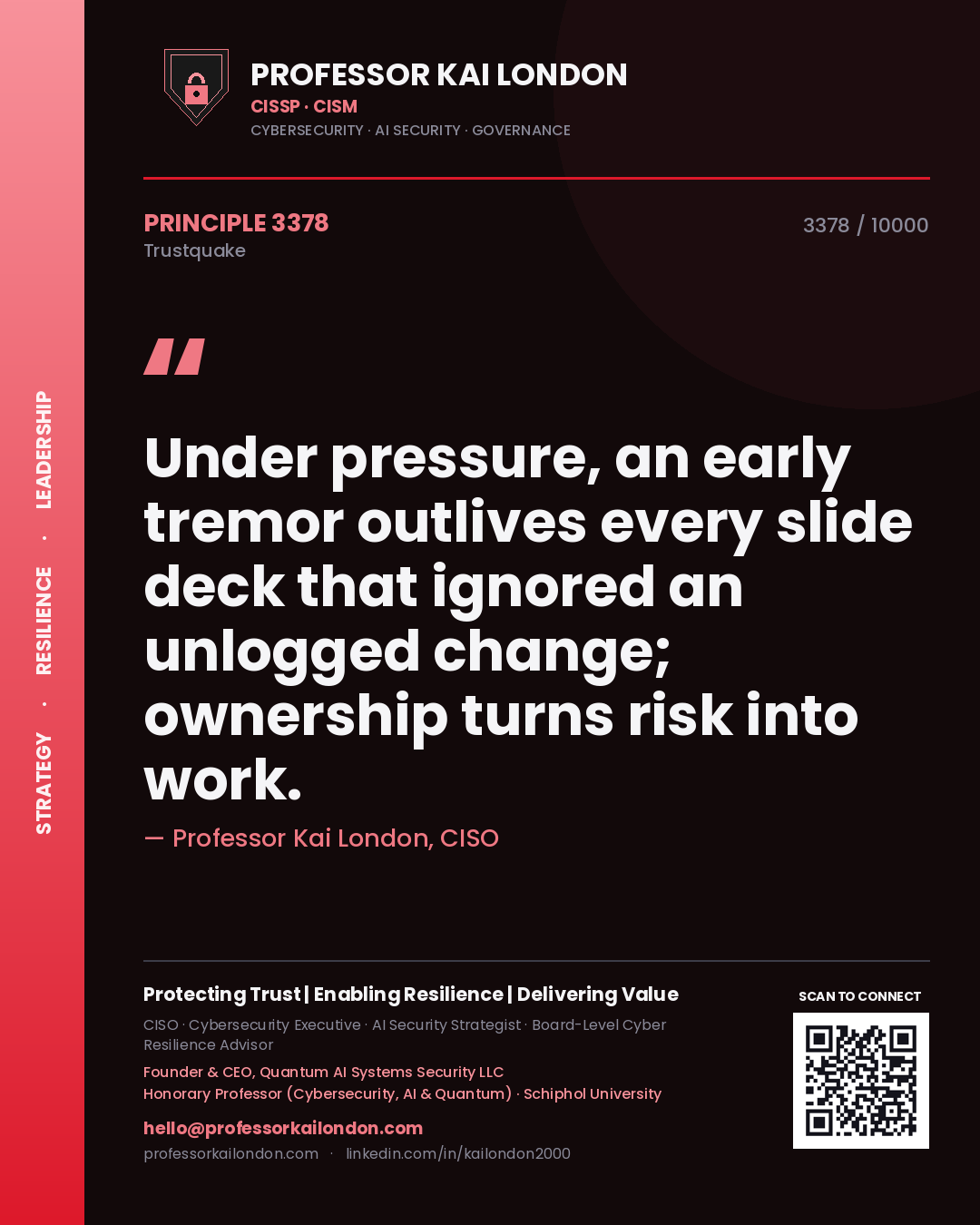 Quote card by Professor Kai London reading 'Under pressure, an early tremor outlives every slide deck that ignored an unlogged change; ownership turns risk into work.'. From the book Trustquake.