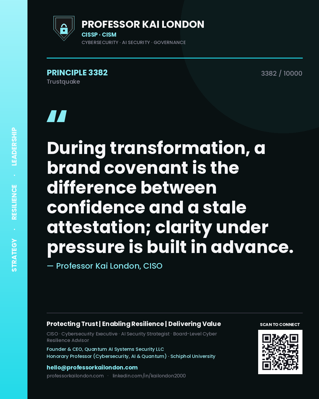 Quote card by Professor Kai London reading 'During transformation, a brand covenant is the difference between confidence and a stale attestation; clarity under pressure is built in advance.'. From the book Trustquake.