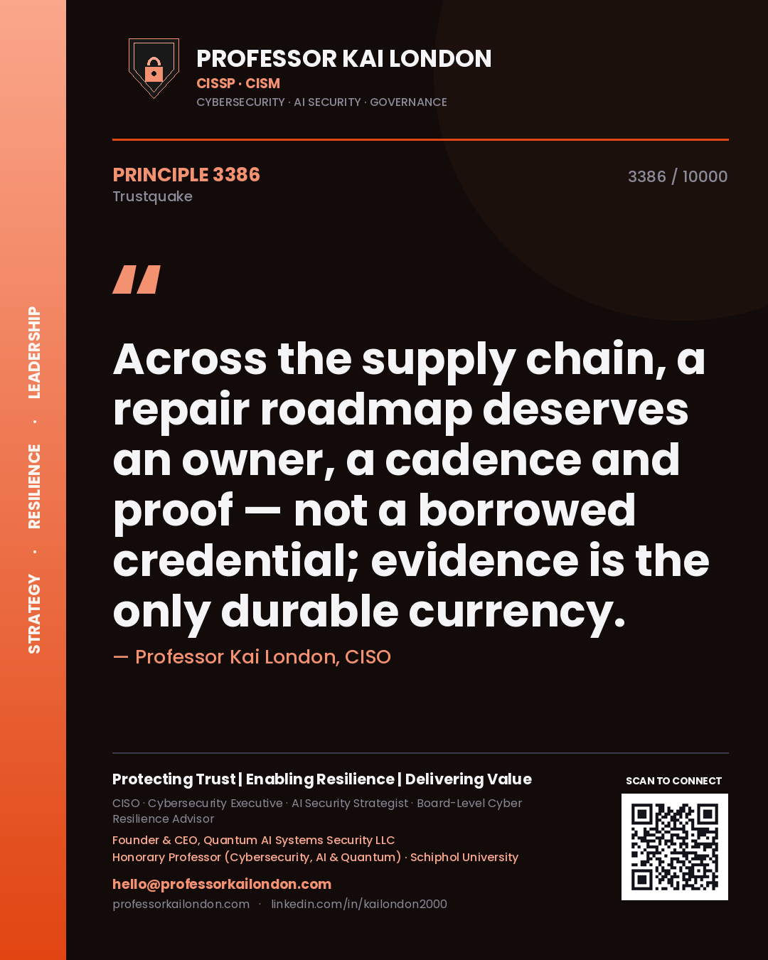 Quote card by Professor Kai London reading 'Across the supply chain, a repair roadmap deserves an owner, a cadence and proof — not a borrowed credential; evidence is the only durable currency.'. From the book Trustquake.
