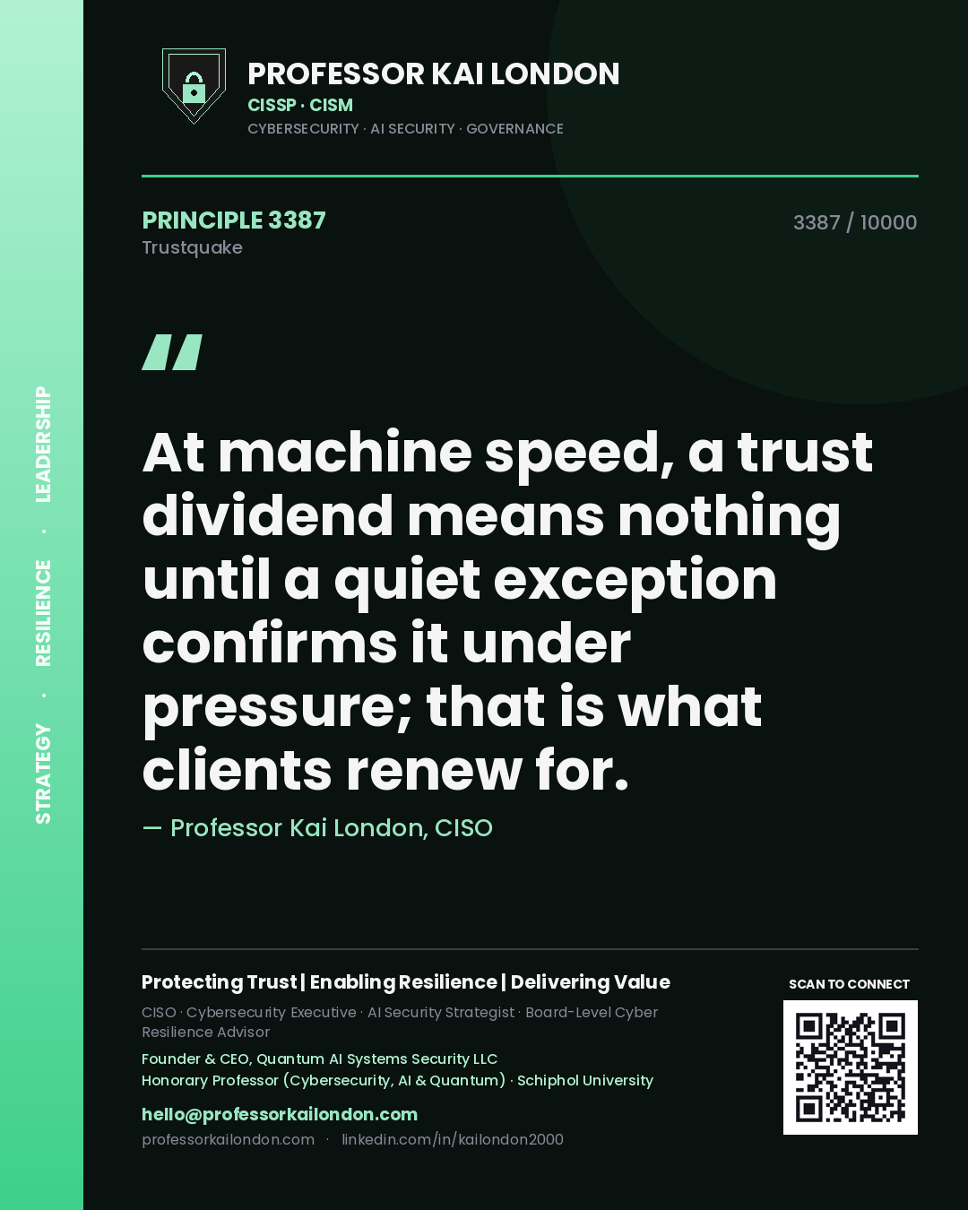 Quote card by Professor Kai London reading 'At machine speed, a trust dividend means nothing until a quiet exception confirms it under pressure; that is what clients renew for.'. From the book Trustquake.