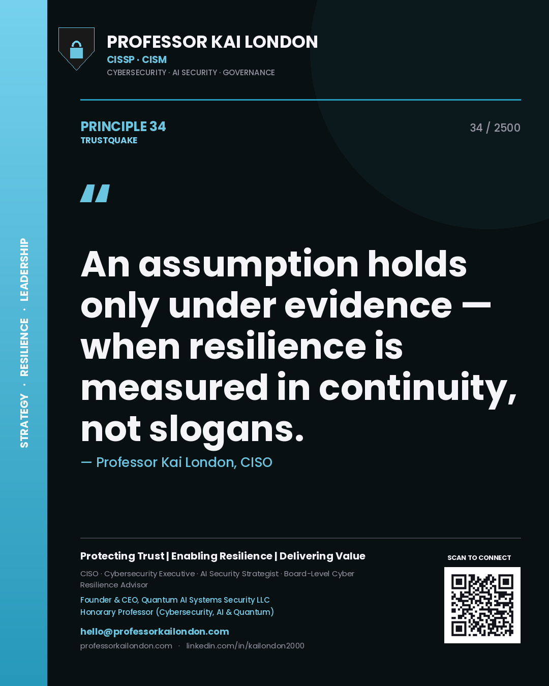 Quote card by Professor Kai London reading 'An assumption holds only under evidence — when resilience is measured in continuity, not slogans.'. From the book Trustquake.
