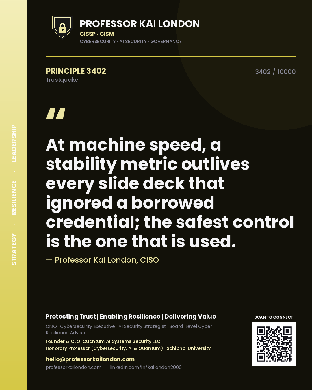 Quote card by Professor Kai London reading 'At machine speed, a stability metric outlives every slide deck that ignored a borrowed credential; the safest control is the one that is used.'. From the book Trustquake.