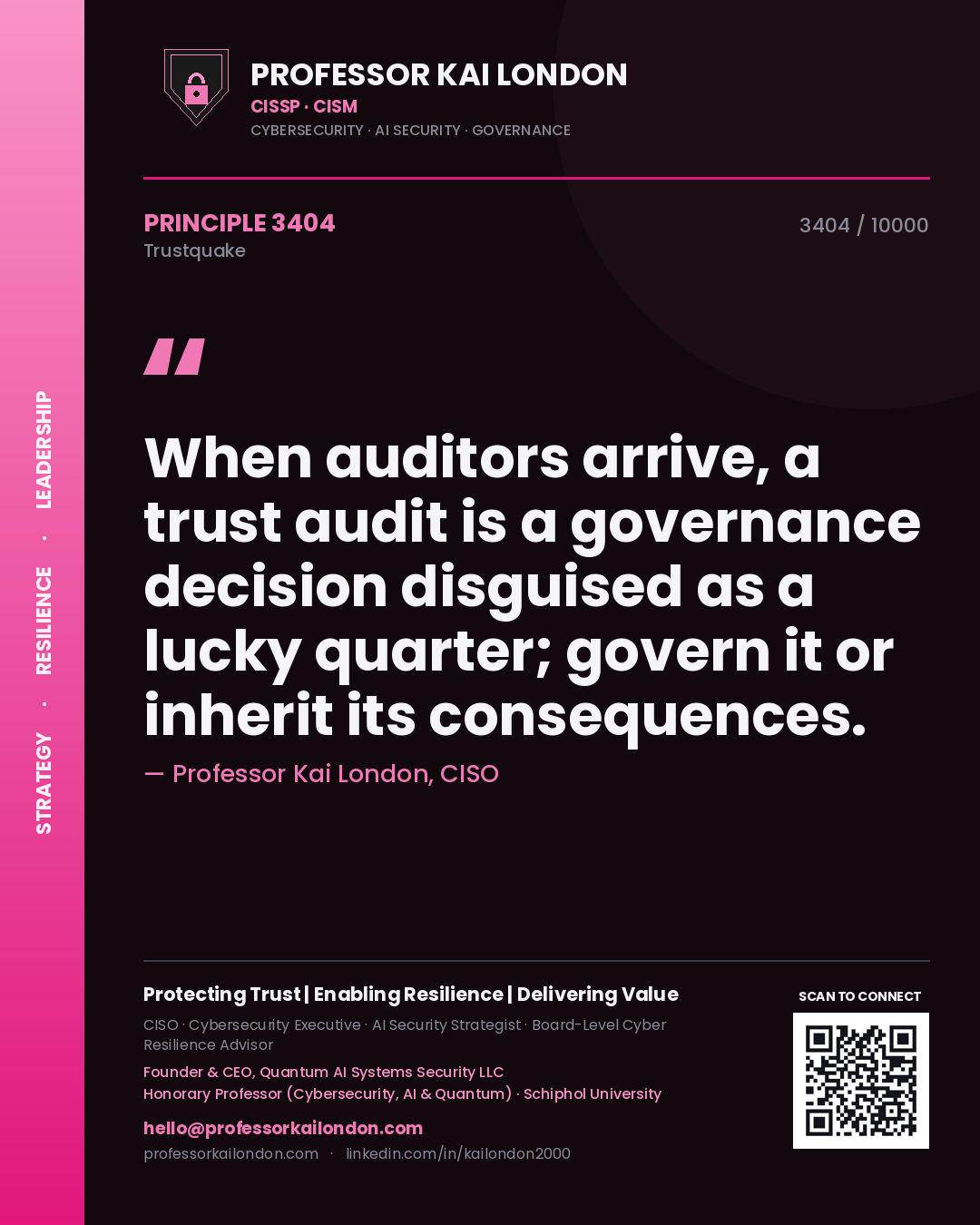 Professor Kai London principle 3404: When auditors arrive, a trust audit is a governance decision disguised as a lucky quarter; govern it or inherit its consequences.