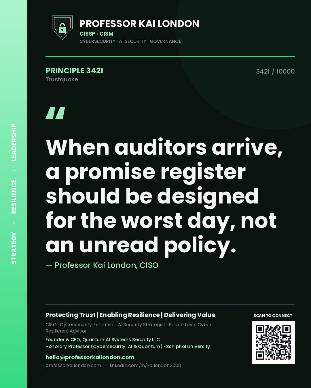 Professor Kai London principle 3421: When auditors arrive, a promise register should be designed for the worst day, not an unread policy.