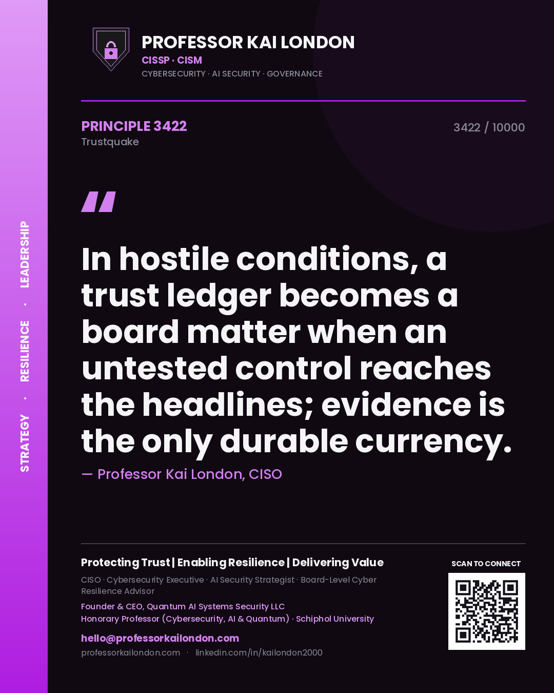Quote card by Professor Kai London reading 'In hostile conditions, a trust ledger becomes a board matter when an untested control reaches the headlines; evidence is the only durable currency.'. From the book Trustquake.