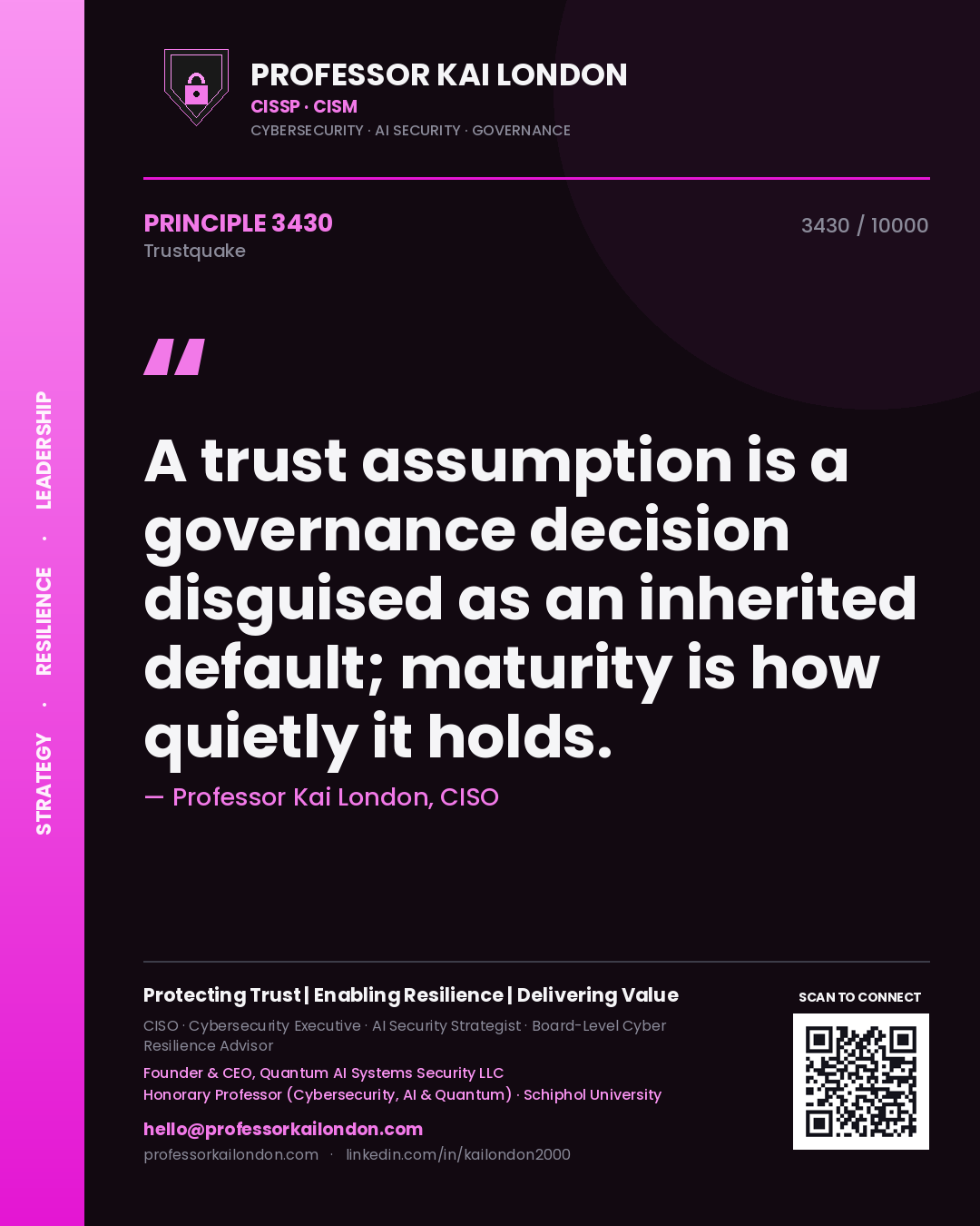 Quote card by Professor Kai London reading 'A trust assumption is a governance decision disguised as an inherited default; maturity is how quietly it holds.'. From the book Trustquake.