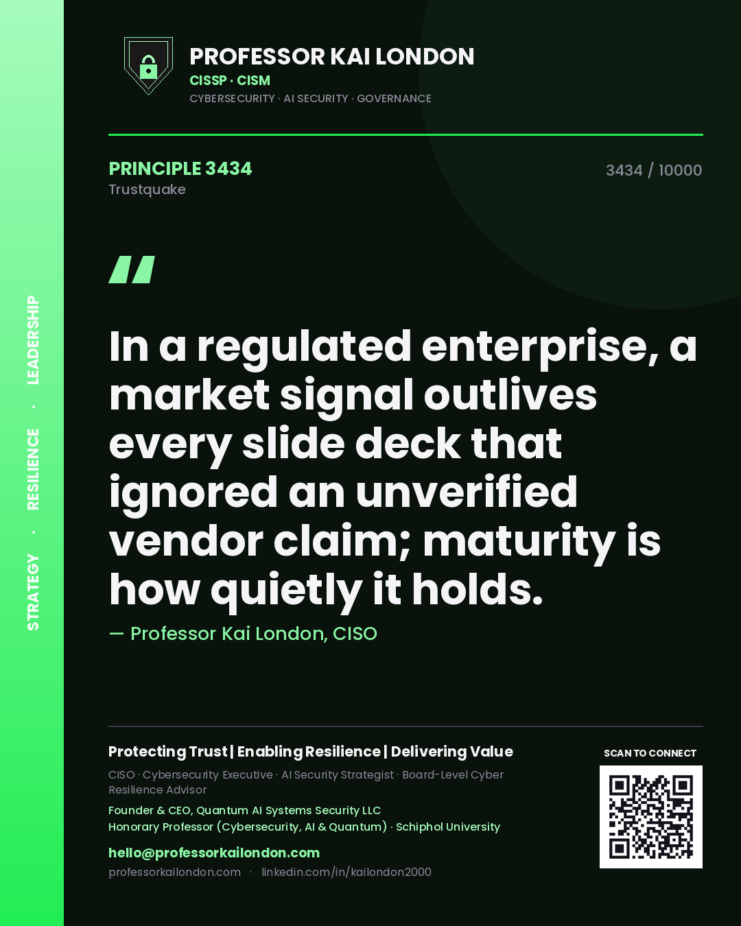 Quote card by Professor Kai London reading 'In a regulated enterprise, a market signal outlives every slide deck that ignored an unverified vendor claim; maturity is how quietly it holds.'. From the book Trustquake.
