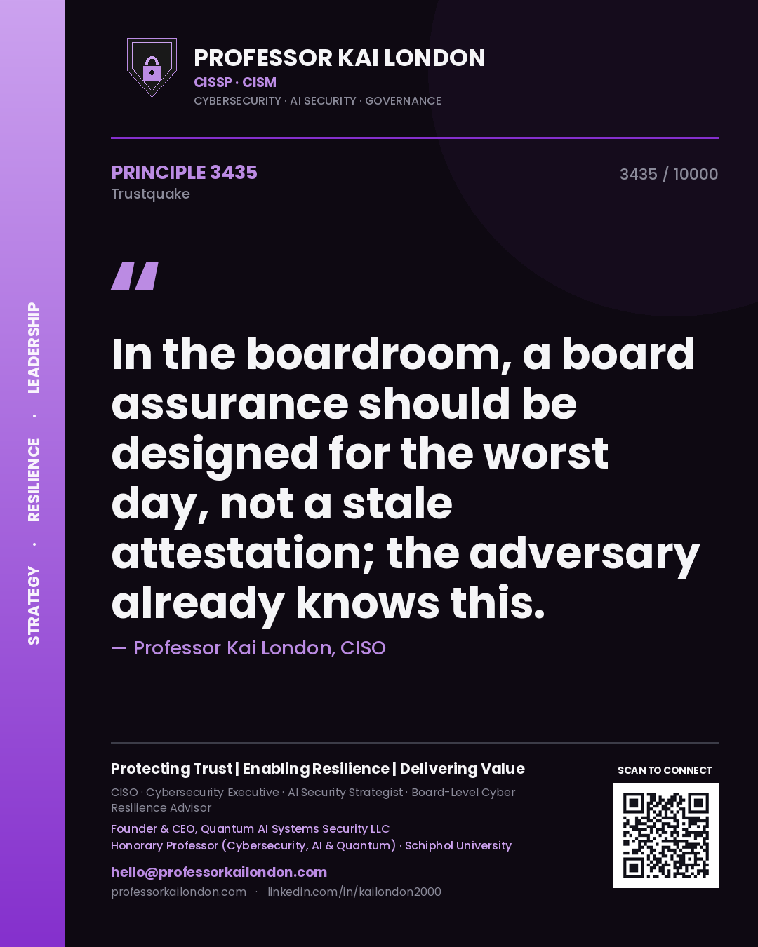 Quote card by Professor Kai London reading 'In the boardroom, a board assurance should be designed for the worst day, not a stale attestation; the adversary already knows this.'. From the book Trustquake.