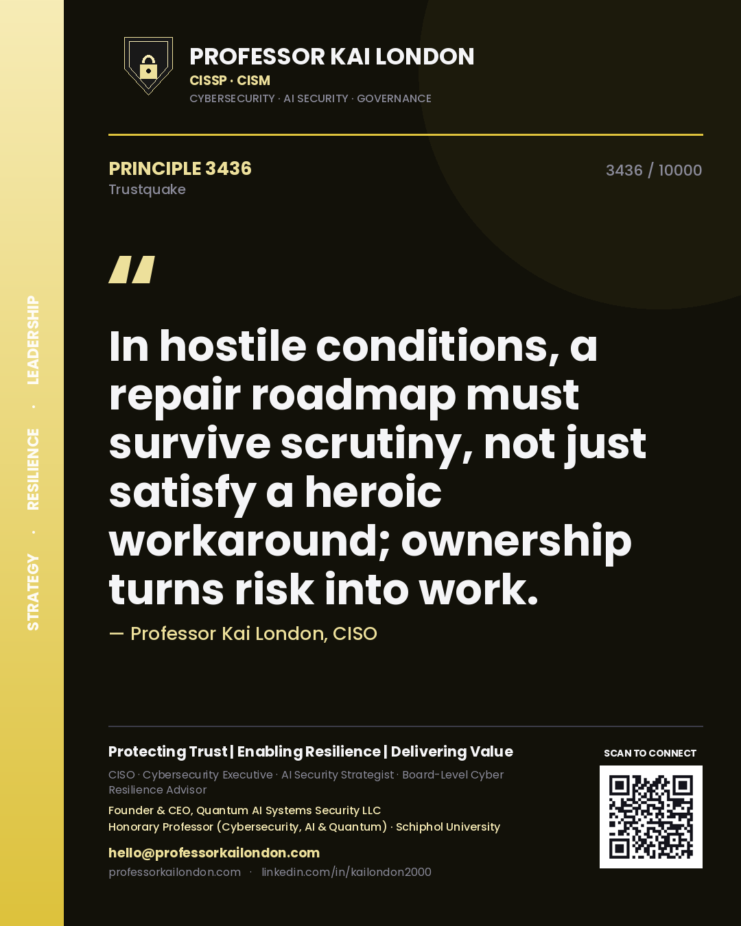 Quote card by Professor Kai London reading 'In hostile conditions, a repair roadmap must survive scrutiny, not just satisfy a heroic workaround; ownership turns risk into work.'. From the book Trustquake.