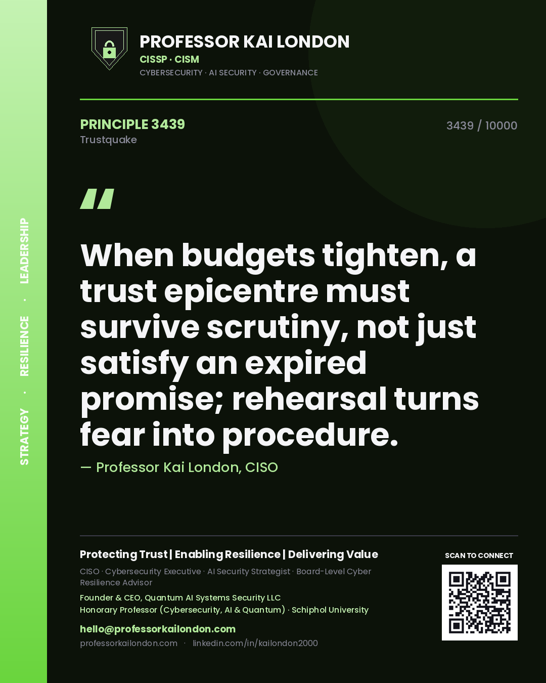 Quote card by Professor Kai London reading 'When budgets tighten, a trust epicentre must survive scrutiny, not just satisfy an expired promise; rehearsal turns fear into procedure.'. From the book Trustquake.