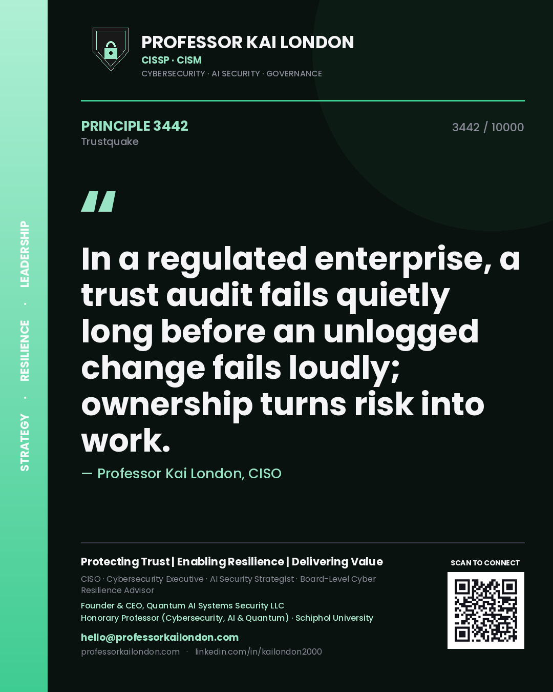 Professor Kai London principle 3442: In a regulated enterprise, a trust audit fails quietly long before an unlogged change fails loudly; ownership turns risk into work.