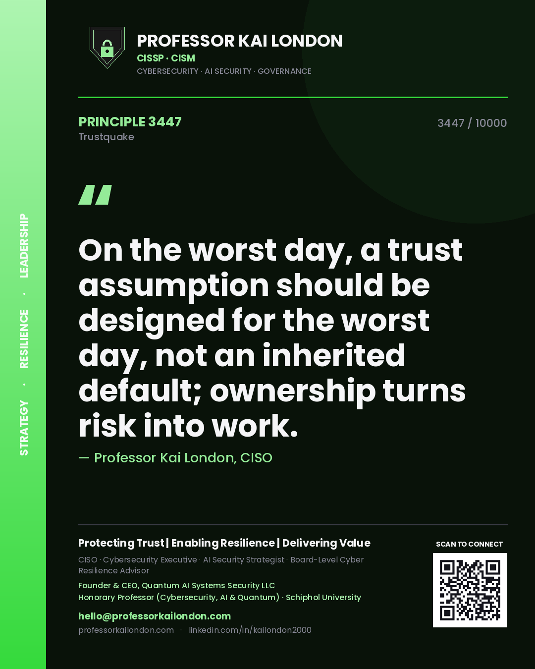 Professor Kai London principle 3447: On the worst day, a trust assumption should be designed for the worst day, not an inherited default; ownership turns risk into work.