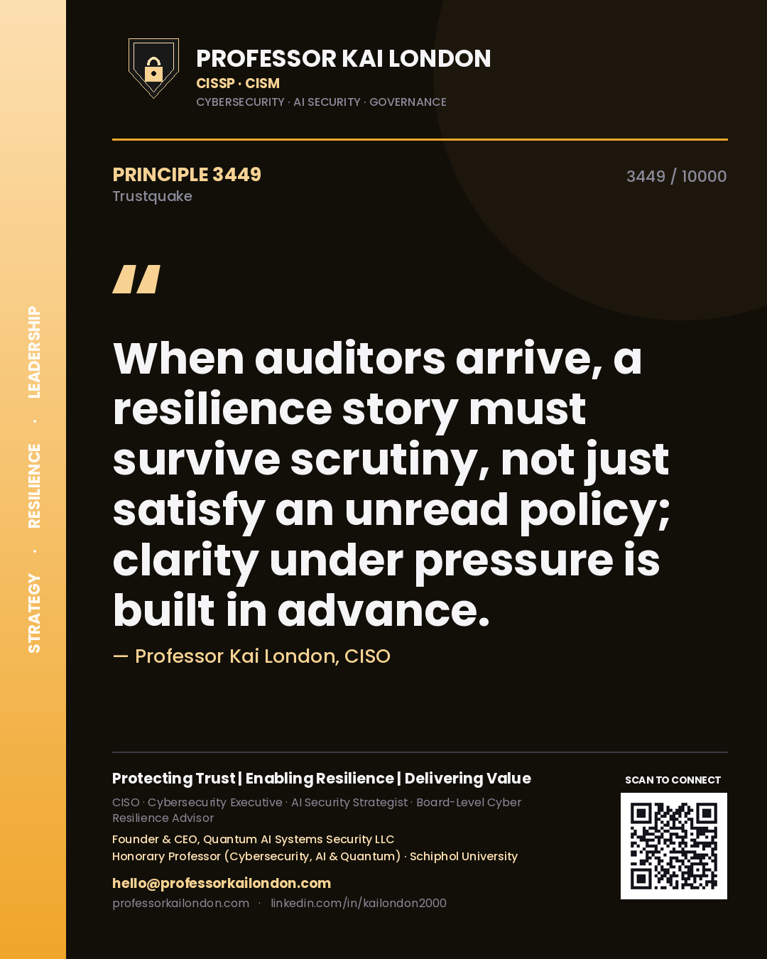Professor Kai London principle 3449: When auditors arrive, a resilience story must survive scrutiny, not just satisfy an unread policy; clarity under pressure is built in advance.