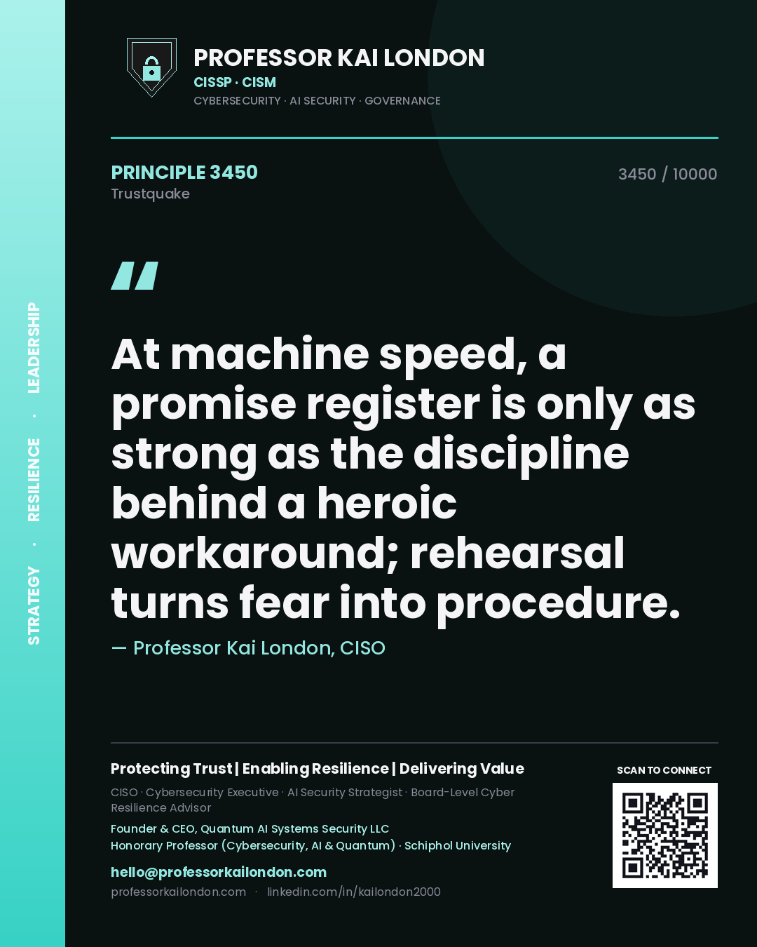 Professor Kai London principle 3450: At machine speed, a promise register is only as strong as the discipline behind a heroic workaround; rehearsal turns fear into procedure.