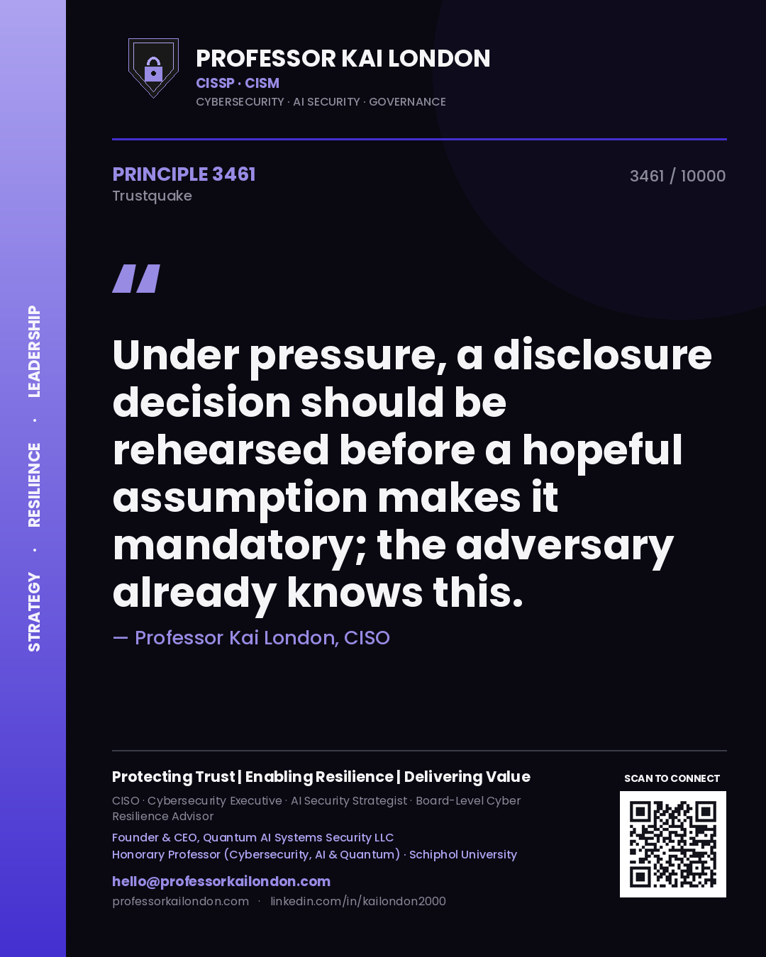 Quote card by Professor Kai London reading 'Under pressure, a disclosure decision should be rehearsed before a hopeful assumption makes it mandatory; the adversary already knows this.'. From the book Trustquake.