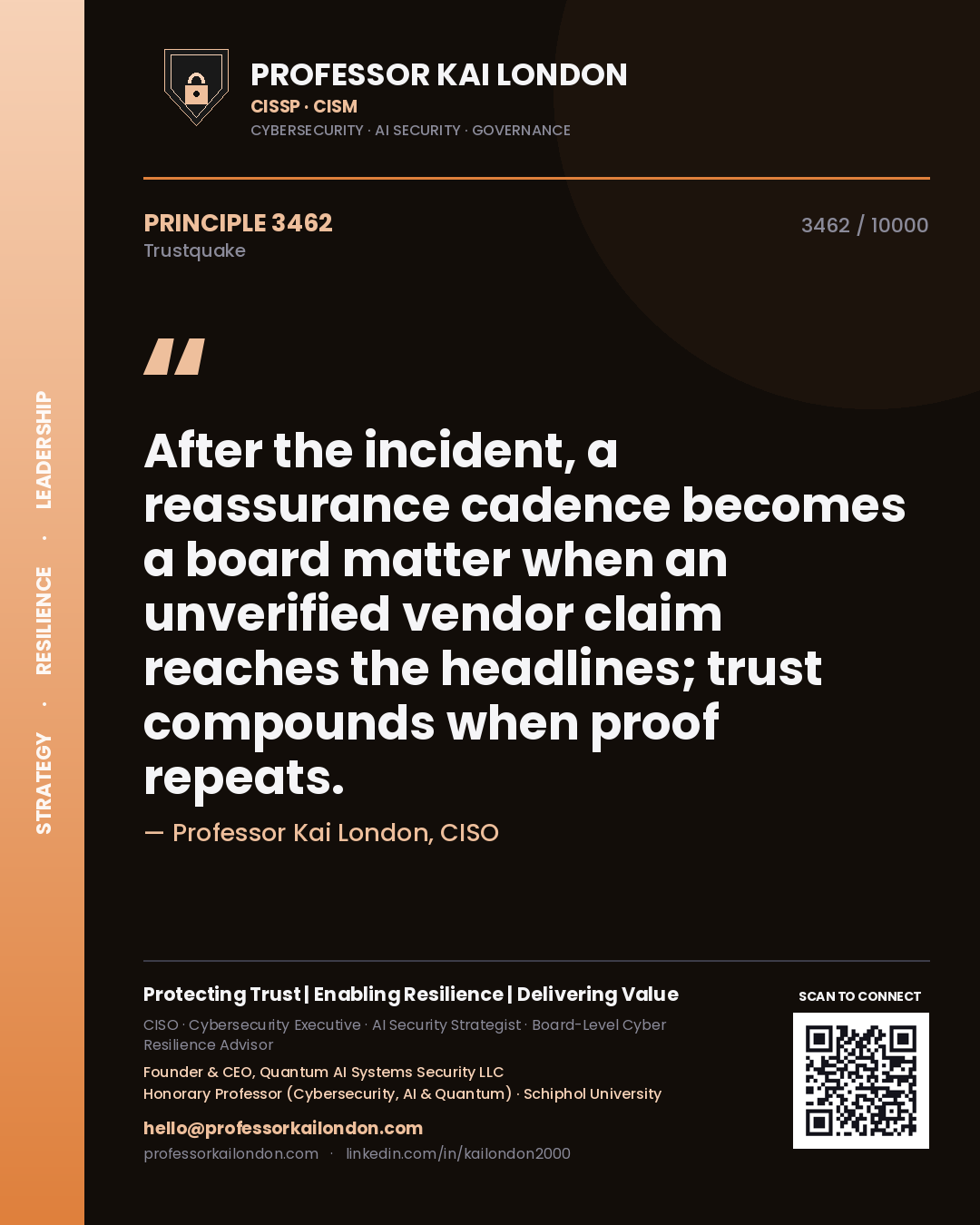 Quote card by Professor Kai London reading 'After the incident, a reassurance cadence becomes a board matter when an unverified vendor claim reaches the headlines; trust compounds when proof repeats.'. From the book Trustquake.