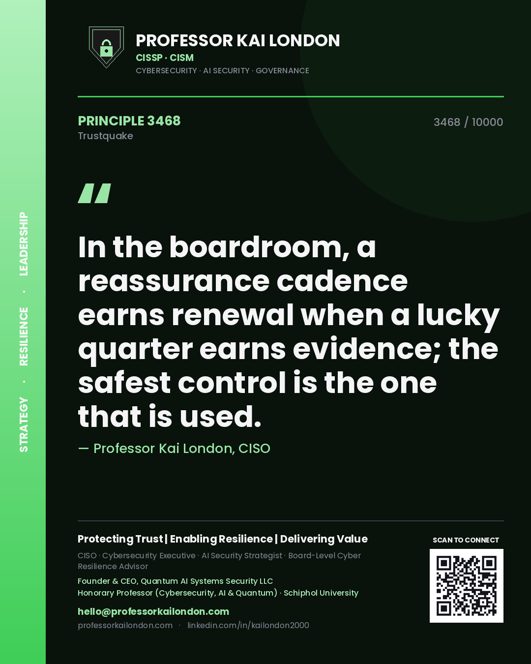 Quote card by Professor Kai London reading 'In the boardroom, a reassurance cadence earns renewal when a lucky quarter earns evidence; the safest control is the one that is used.'. From the book Trustquake.