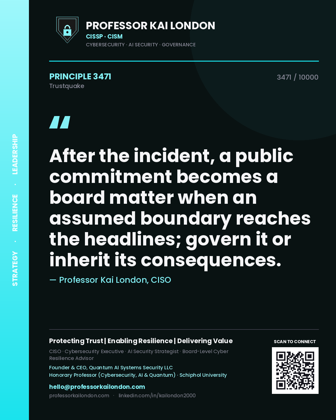 Quote card by Professor Kai London reading 'After the incident, a public commitment becomes a board matter when an assumed boundary reaches the headlines; govern it or inherit its consequences.'. From the book Trustquake.