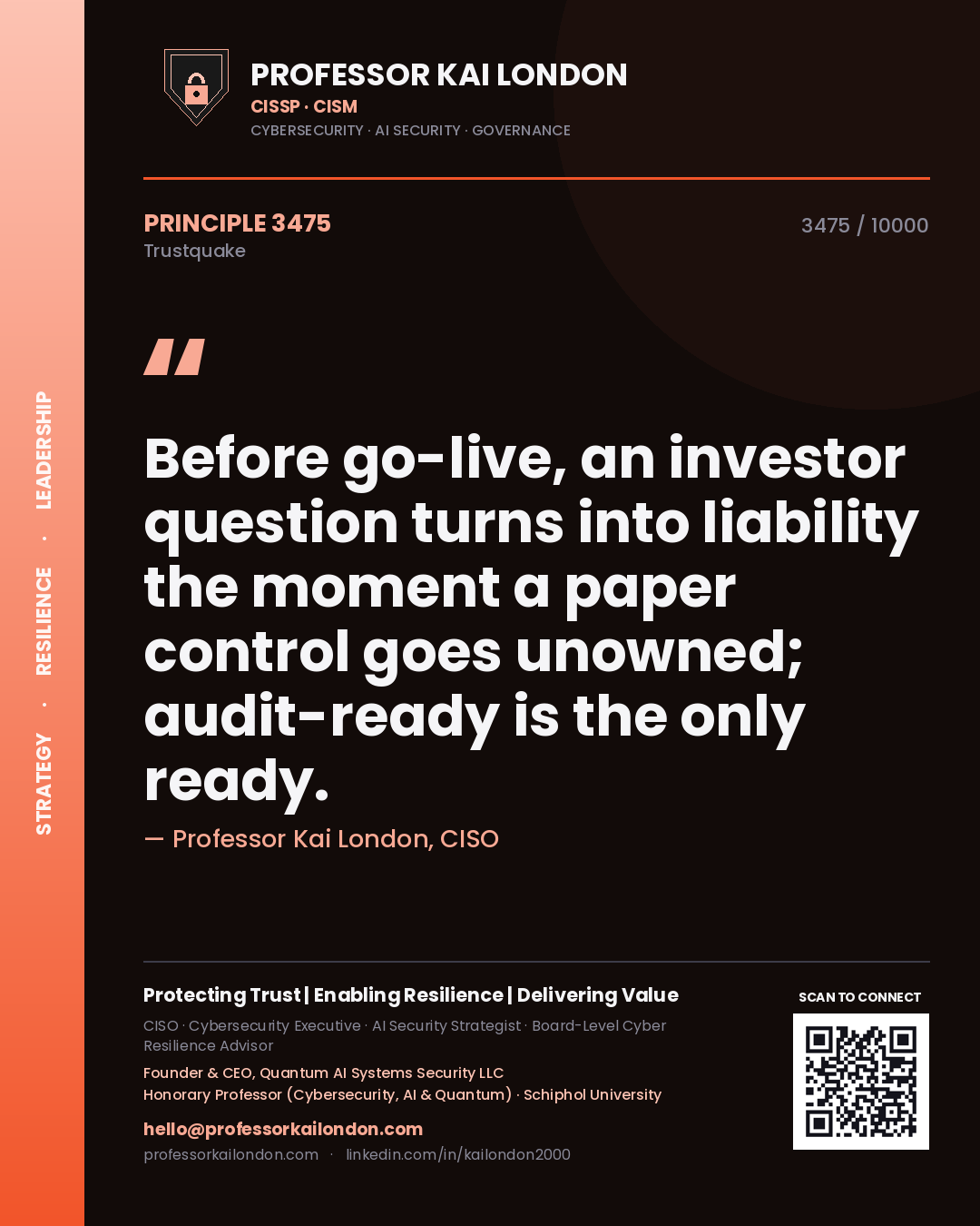 Professor Kai London principle 3475: Before go-live, an investor question turns into liability the moment a paper control goes unowned; audit-ready is the only ready.