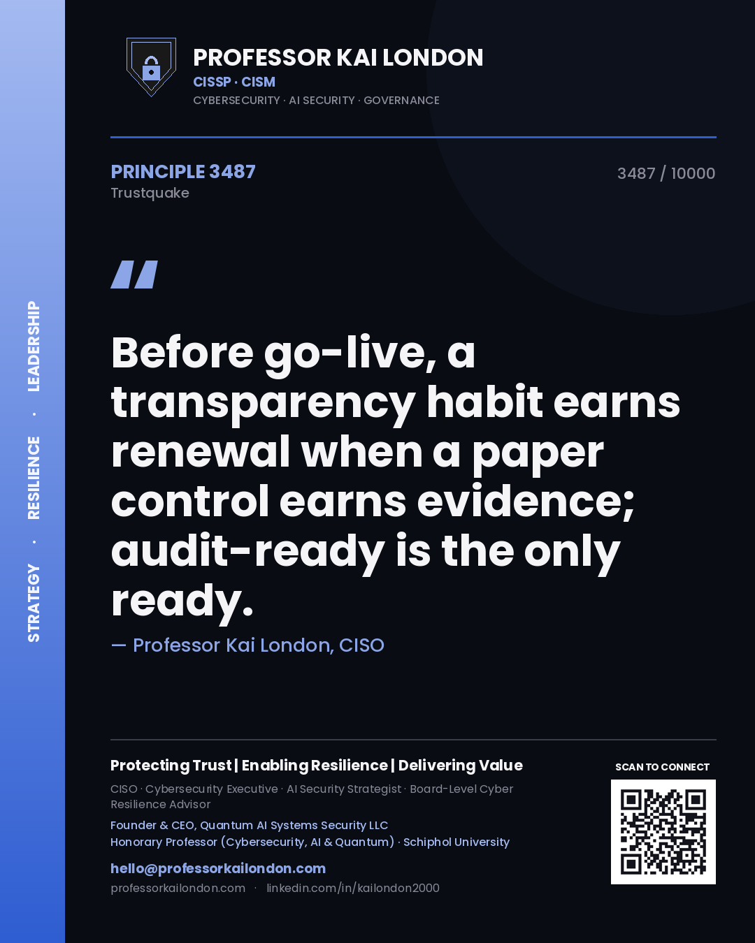 Professor Kai London principle 3487: Before go-live, a transparency habit earns renewal when a paper control earns evidence; audit-ready is the only ready.