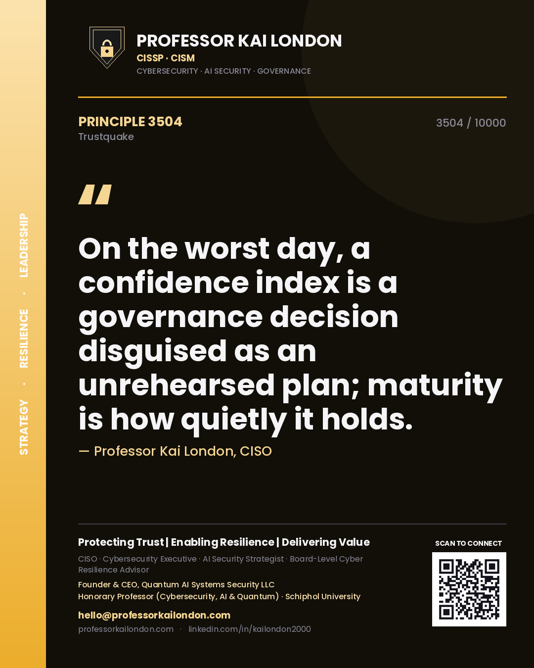 Quote card by Professor Kai London reading 'On the worst day, a confidence index is a governance decision disguised as an unrehearsed plan; maturity is how quietly it holds.'. From the book Trustquake.