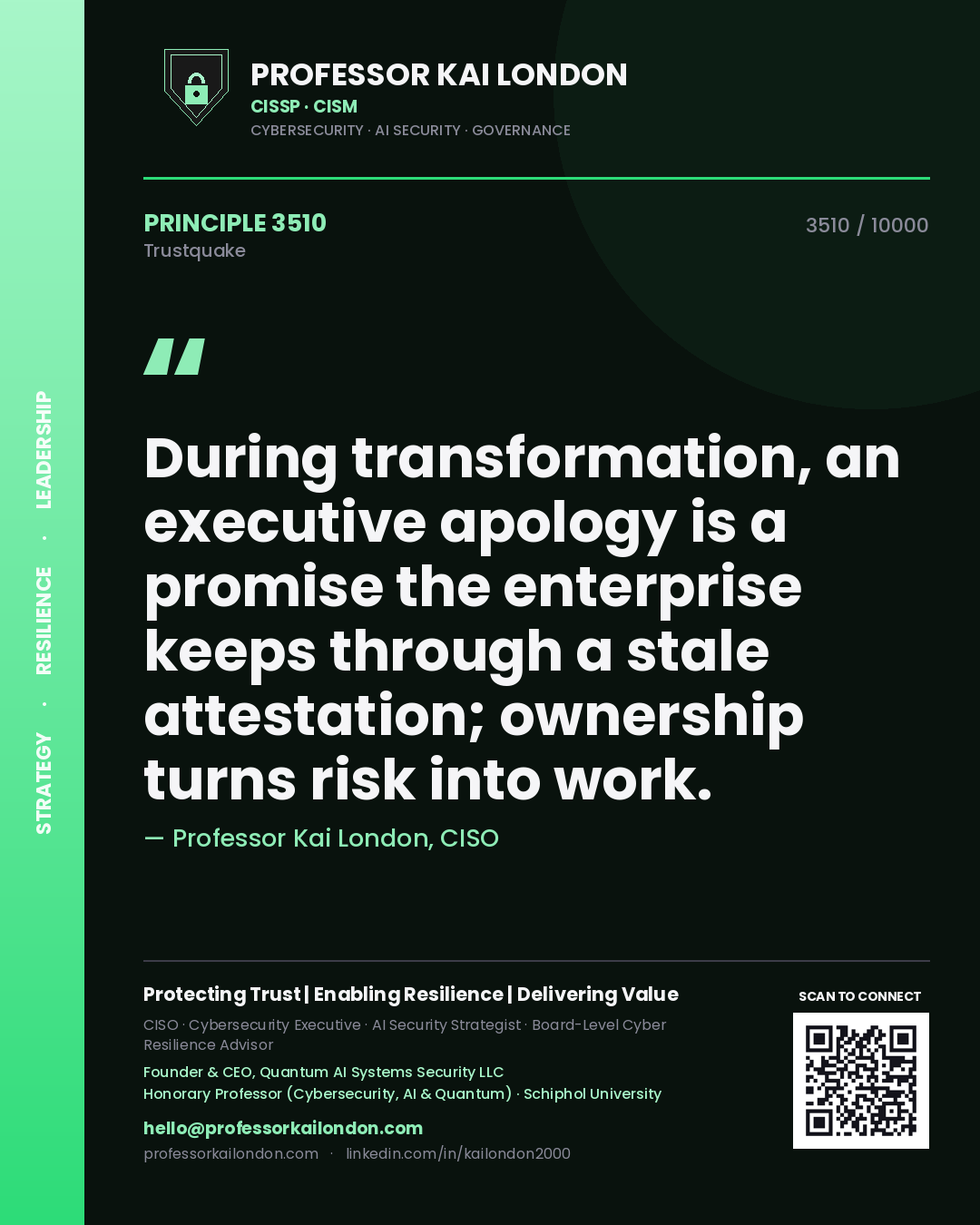 Quote card by Professor Kai London reading 'During transformation, an executive apology is a promise the enterprise keeps through a stale attestation; ownership turns risk into work.'. From the book Trustquake.