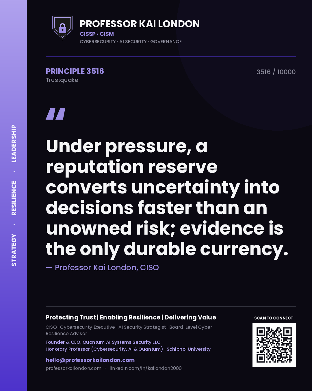 Professor Kai London principle 3516: Under pressure, a reputation reserve converts uncertainty into decisions faster than an unowned risk; evidence is the only durable currency.