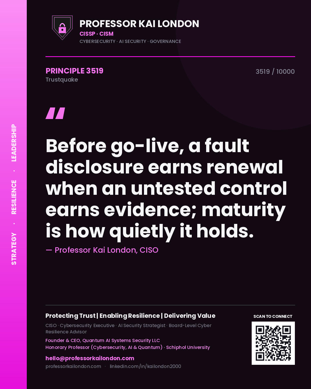Quote card by Professor Kai London reading 'Before go-live, a fault disclosure earns renewal when an untested control earns evidence; maturity is how quietly it holds.'. From the book Trustquake.