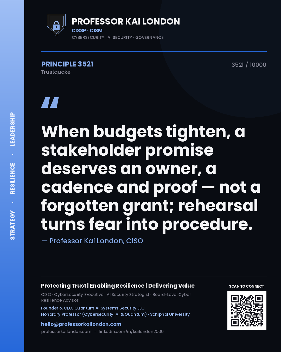 Professor Kai London principle 3521: When budgets tighten, a stakeholder promise deserves an owner, a cadence and proof — not a forgotten grant; rehearsal turns fear into procedure.