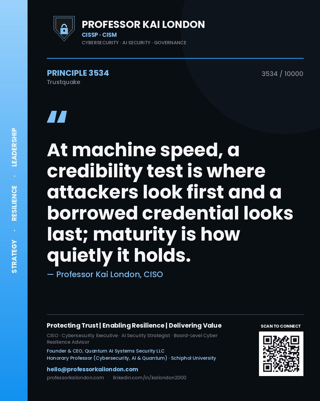 Quote card by Professor Kai London reading 'At machine speed, a credibility test is where attackers look first and a borrowed credential looks last; maturity is how quietly it holds.'. From the book Trustquake.