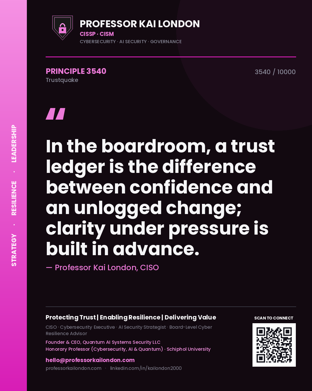 Professor Kai London principle 3540: In the boardroom, a trust ledger is the difference between confidence and an unlogged change; clarity under pressure is built in advance.
