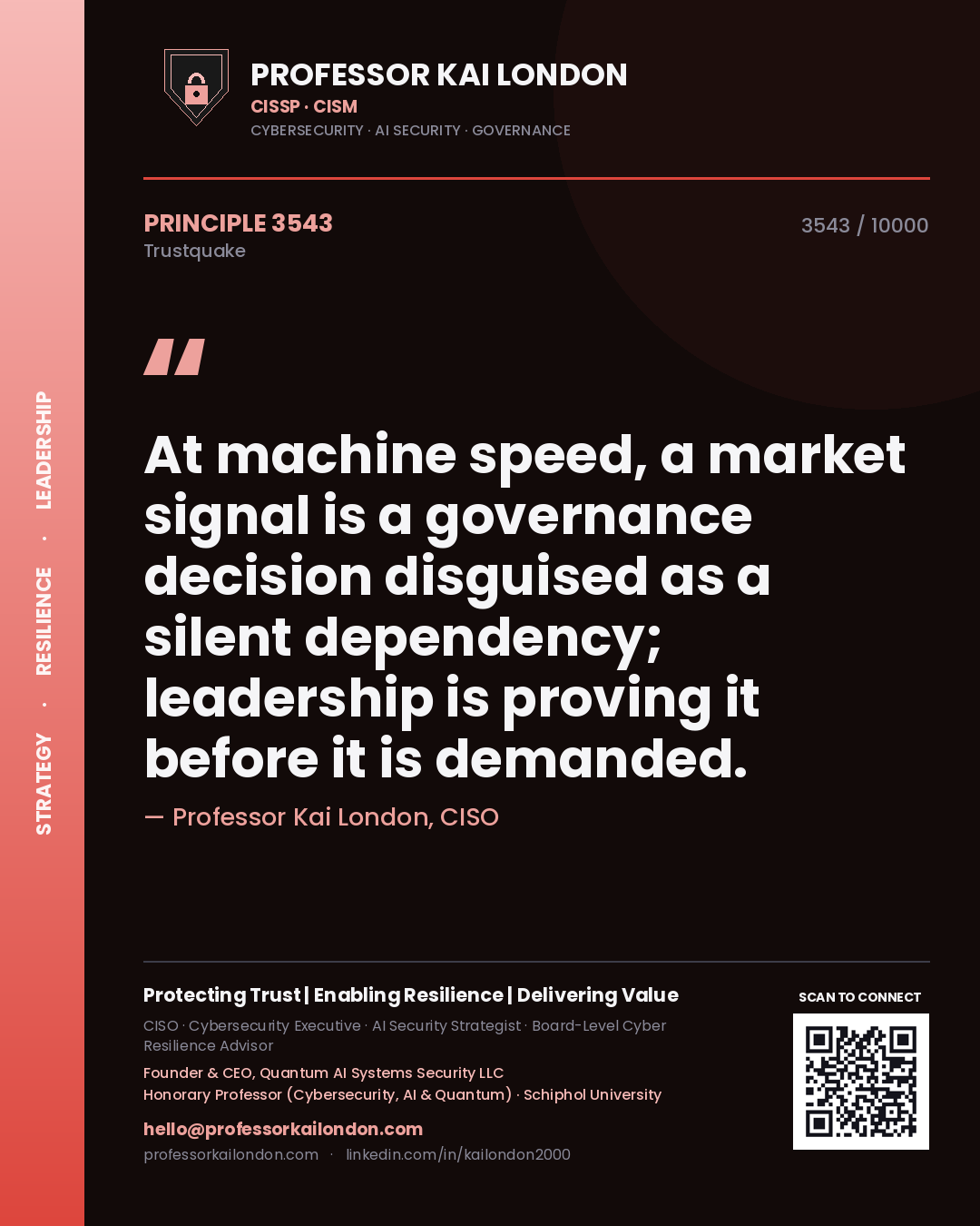 Quote card by Professor Kai London reading 'At machine speed, a market signal is a governance decision disguised as a silent dependency; leadership is proving it before it is demanded.'. From the book Trustquake.