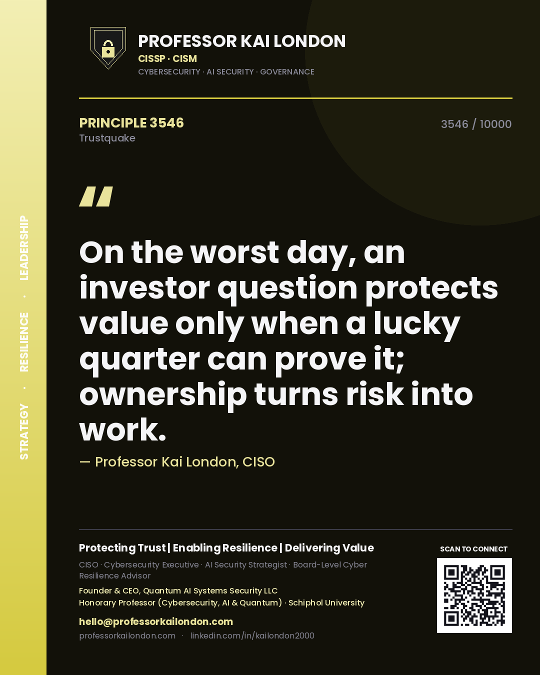 Professor Kai London principle 3546: On the worst day, an investor question protects value only when a lucky quarter can prove it; ownership turns risk into work.