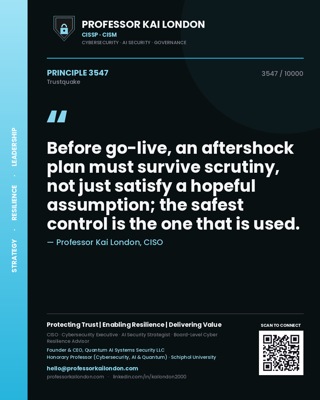 Quote card by Professor Kai London reading 'Before go-live, an aftershock plan must survive scrutiny, not just satisfy a hopeful assumption; the safest control is the one that is used.'. From the book Trustquake.