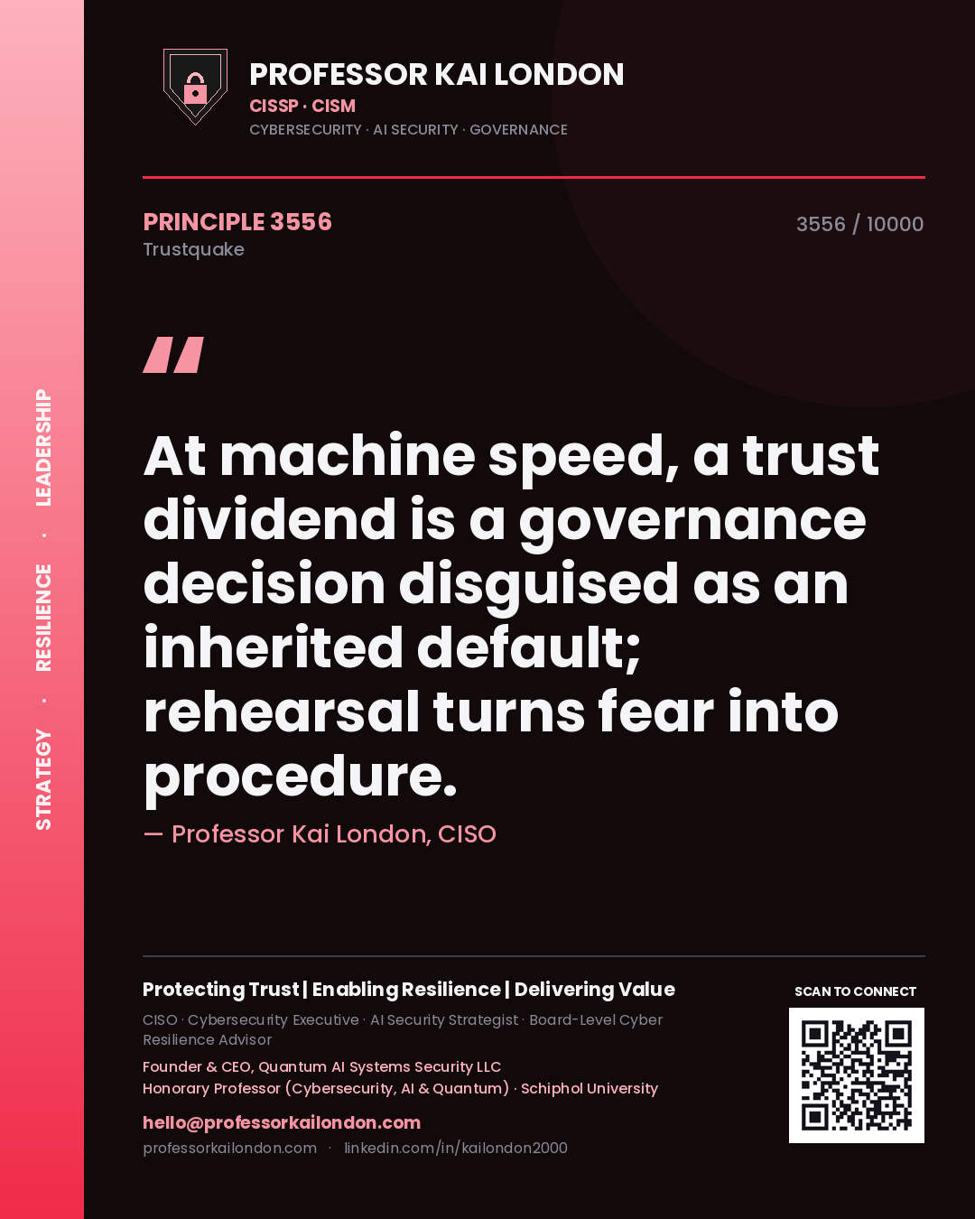 Quote card by Professor Kai London reading 'At machine speed, a trust dividend is a governance decision disguised as an inherited default; rehearsal turns fear into procedure.'. From the book Trustquake.