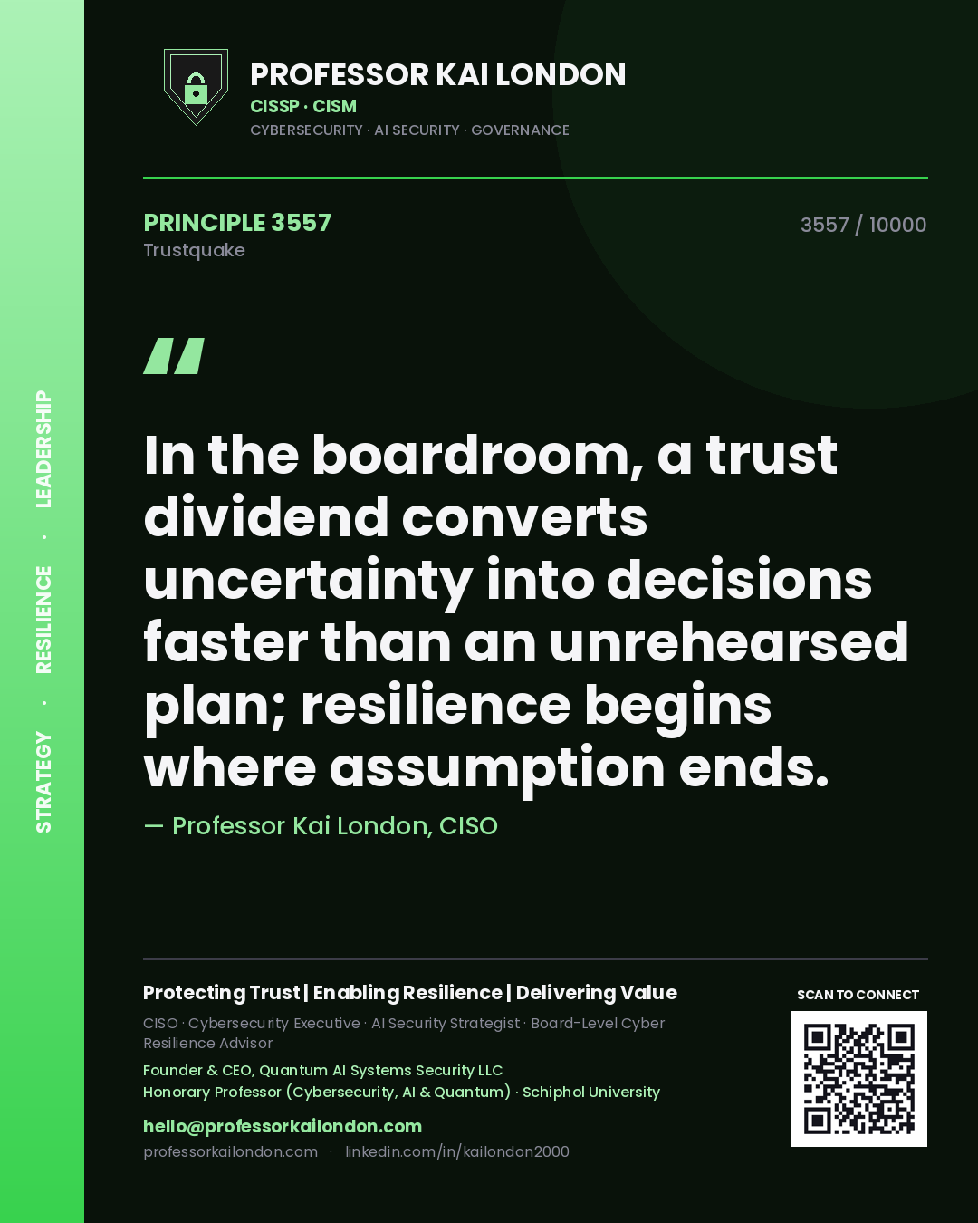 Professor Kai London principle 3557: In the boardroom, a trust dividend converts uncertainty into decisions faster than an unrehearsed plan; resilience begins where assumption ends.