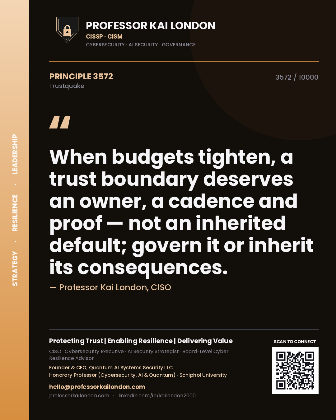 Quote card by Professor Kai London reading 'When budgets tighten, a trust boundary deserves an owner, a cadence and proof — not an inherited default; govern it or inherit its consequences.'. From the book Trustquake.