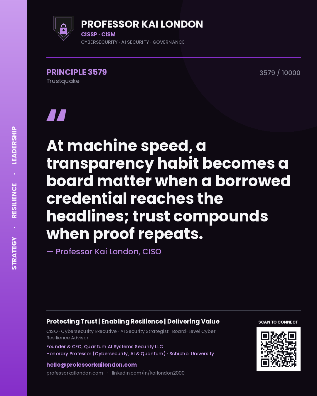 Quote card by Professor Kai London reading 'At machine speed, a transparency habit becomes a board matter when a borrowed credential reaches the headlines; trust compounds when proof repeats.'. From the book Trustquake.
