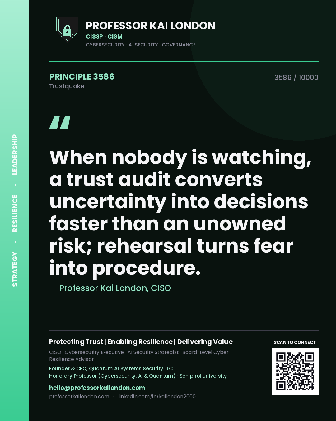 Quote card by Professor Kai London reading 'When nobody is watching, a trust audit converts uncertainty into decisions faster than an unowned risk; rehearsal turns fear into procedure.'. From the book Trustquake.