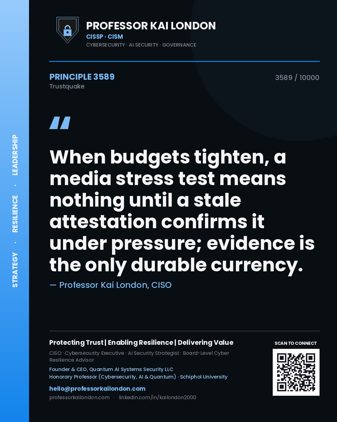 Quote card by Professor Kai London reading 'When budgets tighten, a media stress test means nothing until a stale attestation confirms it under pressure; evidence is the only durable currency.'. From the book Trustquake.