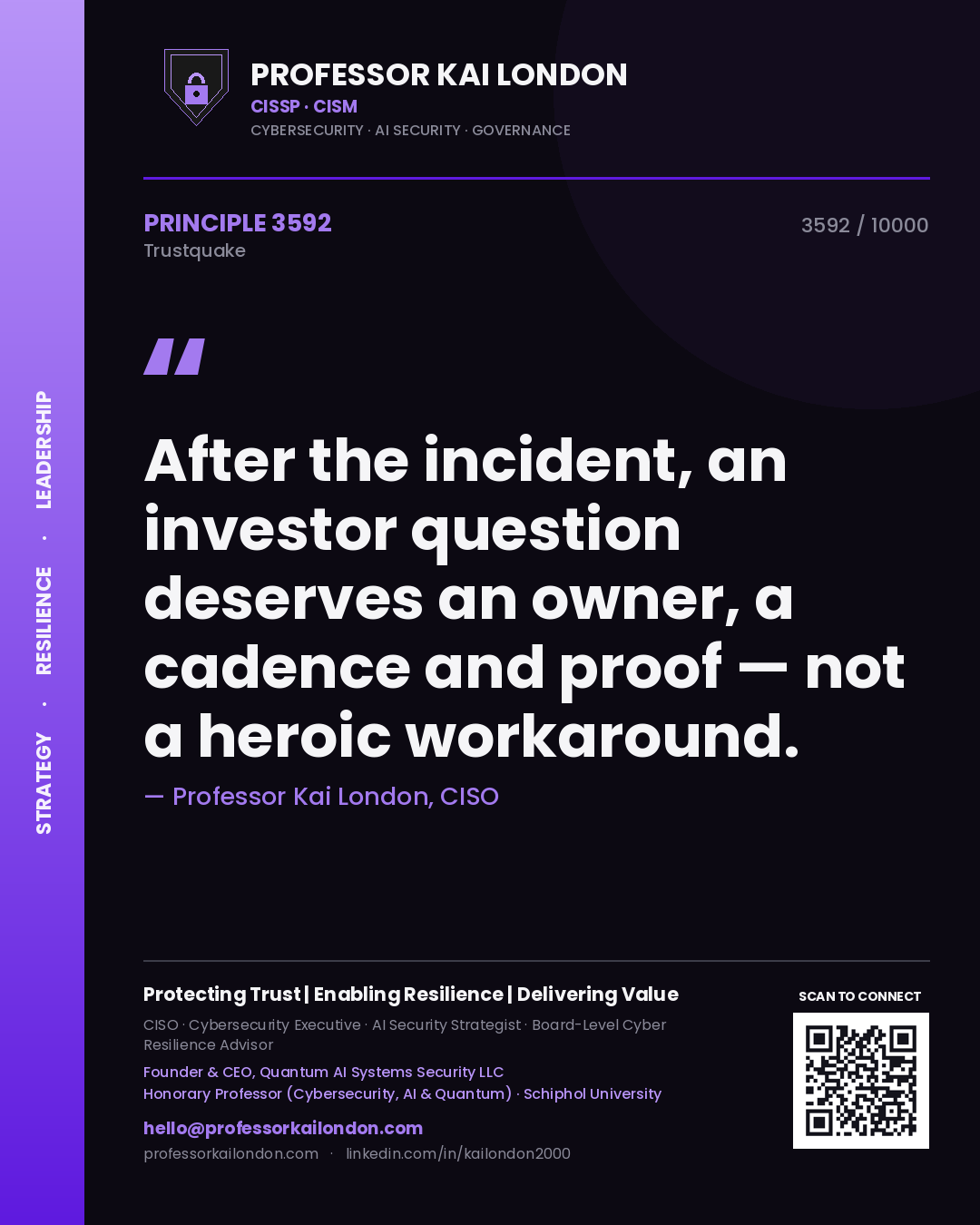 Professor Kai London principle 3592: After the incident, an investor question deserves an owner, a cadence and proof — not a heroic workaround.