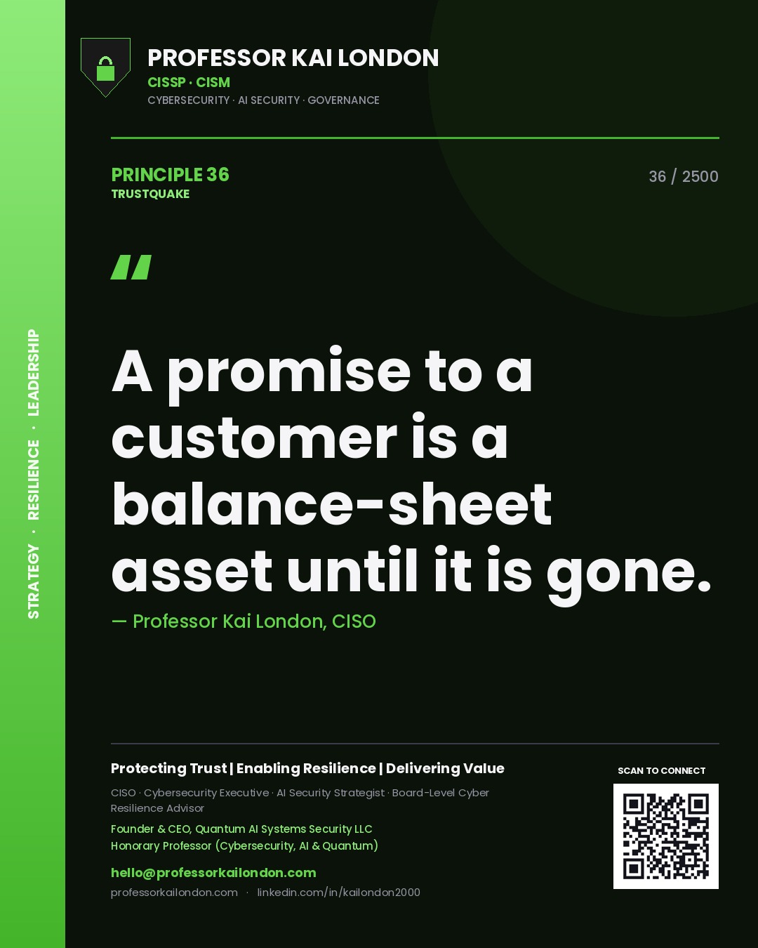 Quote card by Professor Kai London reading 'A promise to a customer is a balance-sheet asset until it is gone.'. From the book Trustquake.